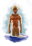  blonde_hair fate/zero fate_(series) gilgamesh jewelry male_focus mgk968 necklace red_eyes shirtless solo tattoo water wet wet_clothes 
