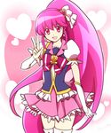  aino_megumi bad_id bad_pixiv_id bow cure_lovely hair_ornament happinesscharge_precure! heart heart_hair_ornament kuroi_paseri long_hair looking_at_viewer magical_girl open_mouth pink_bow pink_eyes pink_hair pink_skirt ponytail precure skirt solo thighhighs v very_long_hair wide_ponytail 