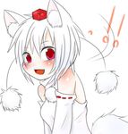  1girl animal_ears blush breasts detached_sleeves fang happy hat inubashiri_momiji looking_at_viewer open_mouth pom_pom_(clothes) red_eyes short_hair silver_hair simple_background small_breasts solo tail tokin_hat tosura-ayato touhou turning_head white_background wolf_ears wolf_tail 