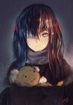  black_hair blue_eyes box cardboard_box commentary_request eyepatch hair_ribbon original rain ribbon scarf solo stuffed_animal stuffed_toy stuffing tianlluo twintails wet 