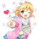 ;d beamed_eighth_notes beamed_sixteenth_notes blonde_hair blue_eyes blush book cardigan collarbone eighth_note hair_ornament hair_ribbon hairclip hazuki_natsu heart holding index_finger_raised kagamine_rin long_sleeves musical_note one_eye_closed open_mouth outstretched_arm plaid plaid_skirt pleated_skirt quarter_note ribbon school_uniform serafuku sheet_music simple_background skirt smile solo treble_clef vocaloid white_background 
