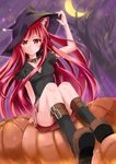  animal_ears blush breasts cat_ears catstudioinc_(punepuni) collar crescent_moon halloween hat long_hair looking_at_viewer moon night original pumpkin puni_(miku_plus) red_eyes red_hair sitting skirt small_breasts solo very_long_hair witch_hat 