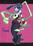  blue_skin detached_collar detached_sleeves hair_over_one_eye leviathan_(skullgirls) side_ponytail sienna_contiello skull skullgirls squigly_(skullgirls) stitched_mouth striped_sleeves watson zombie 