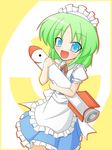  :d apron cop_(shokkidana) green_hair maid maid_headdress mimi-chan missile object_hug open_mouth radiation_symbol ruukoto smile solo touhou touhou_(pc-98) 