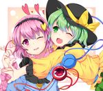  :d ^_^ bad_id bad_pixiv_id black_hat blouse bow closed_eyes fang glomp green_eyes green_hair hairband hat hat_bow heart highres hug komeiji_koishi komeiji_satori long_sleeves multiple_girls no_pupils one_eye_closed open_mouth papo pink_eyes pink_hair short_hair siblings sisters skirt smile sun_hat third_eye touhou 