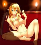  blonde_hair blue_eyes blush breasts convenient_leg double_v ear_piercing elf jewelry kuurunaitsu large_breasts long_hair navel necklace nipples nude original piercing pointy_ears solo v 