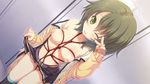  ;d ahoge aoyagi_natsuya bdsm blush bondage bound breast_bondage breasts brown_hair crotch_rope dutch_angle eyebrows_visible_through_hair game_cg green_eyes kouguchi_moto long_sleeves looking_at_viewer medium_breasts medium_hair nail_polish nipples off_shoulder one_eye_closed open_clothes open_mouth open_shirt otome_switch pleated_skirt red_nails red_rope rope school_uniform shibari shibari_under_clothes shiny shiny_skin shirt skindentation skirt skirt_lift smile solo standing 