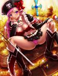  belt boken_fantasy boots breasts captain_liliana chin_rest cleavage detached_collar hat highres jacket knee_boots large_breasts long_hair looking_at_viewer midriff miniskirt open_clothes open_jacket panties pantyshot pantyshot_(sitting) pink_hair pink_panties pirate_hat pleated_skirt purple_eyes queen's_blade queen's_blade_rebellion rapier sitting skirt skull_and_crossbones solo spread_legs sword treasure treasure_chest underwear upskirt weapon 
