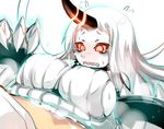  1girl @_@ breasts claws cum cum_on_body glowing glowing_eyes hetero horn kantai_collection large_breasts long_hair paizuri paizuri_under_clothes red_eyes ribbed_sweater seaport_hime shiki_(psychedelic_g2) shinkaisei-kan sideboob sweatdrop sweater textless wavy_mouth white_background white_hair 