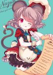  ;3 alternate_costume animal_ears apron bloomers chef_hat clothes_writing commentary_request dress feathers grey_hair hat head_tilt iris_anemone licking_lips looking_at_viewer menu mouse_ears mouse_tail nazrin one_eye_closed pink_eyes puffy_short_sleeves puffy_sleeves quill red_dress short_sleeves solo tail tongue tongue_out touhou translation_request underwear waist_apron wrist_cuffs 