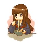  bowl brown_eyes brown_hair chopsticks eating fate/extra fate/extra_ccc fate_(series) food holding holding_bowl holding_chopsticks jitome kishinami_hakuno_(female) long_hair mgk968 noodles ramen school_uniform serafuku shrimp shrimp_tempura solo tempura tsukumihara_academy_uniform_(fate/extra_ccc) 