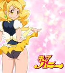  ass black_panties blonde_hair bow character_name cure_honey cutie_honey earrings from_behind hair_bow happinesscharge_precure! jewelry long_hair looking_back namesake oomori_yuuko panties parody pink_background precure silverchario skirt skirt_lift smile solo sparkle underwear wide_ponytail wrist_cuffs yellow_eyes yellow_skirt 