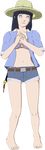  1girl 3d barefoot byakugan feet hat hyuuga_hinata long_hair naruto navel official_art purple_hair shorts simple_background smile toes uzumaki_naruto 