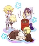  armor black_hair blonde_hair blush chibi curry curry_rice fate/extra fate_(series) food gawain_(fate/extra) head_scarf julius_belkisk_harway leonard_bistario_harway male_focus mgk968 multiple_boys open_mouth plate purple_eyes purple_hair rice seiza shoes sitting spoon standing stirring white_background 