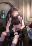  androgynous black_hair envy_(fma) fingerless_gloves fullmetal_alchemist gloves long_hair male_focus midriff navel red_eyes sakio-k solo 