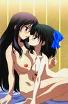  black_hair blue_ribbon blush breasts brown_eyes gotou_junji hair_ribbon highres katsura_kotonoha kiyoura_setsuna large_breasts long_hair multiple_girls nipples nude official_art red_eyes ribbon saliva saliva_trail school_days short_hair small_breasts summer_days yuri 