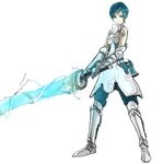  1girl armor blue_eye blue_eyes blue_hair lightning photoshop short_hair simple_background sword weapon white zanbato 