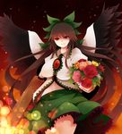  arano_oki arm_cannon black_hair bouquet bow brown_hair cape flower hair_bow highres long_hair navel red_eyes reiuji_utsuho solo third_eye touhou very_long_hair weapon 