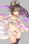  1girl :d bare_shoulders black_legwear bow breasts brown_eyes brown_hair cameltoe cleavage contrapposto detached_sleeves dress female grey_background hair_bow highres idolmaster idolmaster_cinderella_girls kobayakawa_sae long_hair midriff navel one_side_up open_\m/ open_mouth q_(ed69) see-through simple_background skirt small_breasts smile solo thighhighs 
