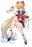  aino_minako arutera bad_id bad_pixiv_id banned_artist bishoujo_senshi_sailor_moon blonde_hair blue_eyes blue_sailor_collar blush bow choker crop_top crossed_legs earrings gloves hair_bow half_updo hand_on_hip highres invisible_chair jewelry legs long_hair looking_at_viewer magical_girl mask mask_removed midriff miniskirt pleated_skirt red_bow sailor_collar sailor_senshi_uniform sailor_v shoulder_pads simple_background sitting skirt smile solo strappy_heels very_long_hair white_background white_gloves 