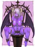  arm_strap armlet barefoot between_legs breasts c.cu demon_girl demon_horns demon_tail demon_wings expressionless full_body hair_over_one_eye hand_between_legs horns large_breasts nipples nude original purple purple_skin red_eyes shiny shiny_skin short_hair silver_hair sitting solo tail thigh_strap thighs v_arms wings 