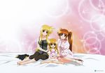  barefoot blanket blonde_hair buttons casual fate_testarossa green_eyes heterochromia highres long_hair looking_at_viewer low-tied_long_hair lyrical_nanoha mahou_shoujo_lyrical_nanoha_vivid multiple_girls on_bed pink_background purple_eyes red_eyes red_hair sacred_heart side_ponytail simple_background sitting sleepwear socks sparkle stuffed_animal stuffed_bunny stuffed_toy takamachi_nanoha very_long_hair vivio wariza white_legwear yokozuwari 