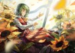  ascot blurry depth_of_field dress_shirt expressionless faux_traditional_media flower green_hair harp instrument kazami_yuuka long_sleeves music playing_instrument red_eyes revision shirt short_hair shuang_ye solo sunflower touhou vest 