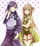  1girl asuna_(sao) bad_anatomy bad_id bad_perspective bad_pixiv_id black_eyes black_hair breastplate brown_eyes brown_hair couple getsuyoubi kirito kirito_(sao-ggo) long_hair sword_art_online thighhighs 