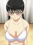 black_hair blush bra breasts glasses large_breasts red_eyes seikon_no_qwaser shiizaki_lulu text undersized_clothes underwear 