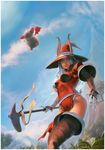  1girl blue_sky boots cloud dress final_fantasy gloves hat looking_at_viewer mace moogle outdoors outside pointy_ears realistic red_dress red_eyes red_mage sky thigh_boots thighhighs viera weapon wizard_hat 