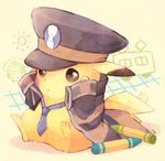  bad_pixiv_id black_coat clothed_pokemon cosplay crayon gen_1_pokemon hat kabocha_torute kudari_(pokemon) necktie no_humans nobori_(pokemon) nobori_(pokemon)_(cosplay) peaked_cap pikachu pokemon pokemon_(creature) revision solo 