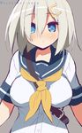  9law blue_eyes blush breasts hair_ornament hair_over_one_eye hairclip hamakaze_(kantai_collection) highres kantai_collection large_breasts looking_at_viewer school_uniform serafuku short_hair short_sleeves silver_hair solo 