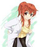  aran_sweater bent_over black_legwear blush cleavage_reach flat_chest grin hand_on_hip labcoat long_hair nipples no_bra nuppunuppu pantyhose ponytail red_eyes red_hair sasami-san@ganbaranai smile solo sweater yagami_tsurugi 