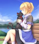  arm_warmers bench blonde_hair blue_sky cat closed_eyes cloud commentary_request day holding holding_cat isaki_(gomi) kaenbyou_rin kaenbyou_rin_(cat) kiss lake mizuhashi_parsee mountain multiple_tails nekomata pointy_ears scarf shirt short_sleeves sitting skirt sky tail touhou two_tails 