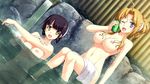  2girls areolae black_hair blonde_hair blue_eyes breasts can game_cg happy highres large_breasts legs looking_at_viewer multiple_girls navel nipples nude onsen open_mouth out_vegetables sasaki_tamaru short_hair sitting smile steam sweat thighs towel water wink yellow_eyes 