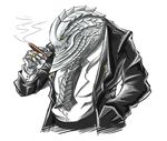  ambiguous_gender anthro capcom clothing monster_hunter necktie plain_background ring scalie smoking solo suit tagane ukanlos video_games white_background wyvern yellow_eyes 