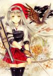  archery bad_id bad_pixiv_id bird boots bow_(weapon) falcon flight_deck gloves hair_ribbon hairband japanese_clothes japanese_flag kantai_collection keiko_(mitakarawa) kyuudou long_hair muneate partly_fingerless_gloves quiver ribbon shoukaku_(kantai_collection) silver_hair single_glove skirt smile solo thigh_boots thighhighs traditional_media weapon white_hair yellow_eyes yugake 