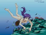  air_bubble ass bag barefoot breasts breath bubble clam_shell coral diving fish freediving fundoshi holding_breath japanese_clothes knife long_hair medium_breasts net nipples ocean original ponytail purple_hair saver_(artbysaver) swimming topless underwater 