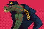  1boy abs ambiguous_gender capcom chain coat crossover deviljho hat jacket jojo&#039;s_bizarre_adventure jojo's_bizarre_adventure jojo_no_kimyou_na_bouken jotaro_kujo kuujou_joutarou_(cosplay) male_focus monster monster_hunter monster_hunter_3 muscles no_humans pecs scalie solo unknown_artist video_games 