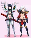  adepta_sororitas alternate_hair_color blue_eyes boots breasts chainsword cleavage cleavage_cutout eldar facial_tattoo fusion gauntlets greenmarine hair_ornament hairclip highlights highres junketsu kamui_(kill_la_kill) kill_la_kill kiryuuin_satsuki knee_pads large_breasts living_clothes long_hair matoi_ryuuko midriff multicolored_hair multiple_girls navel parody planted_sword planted_weapon pointy_ears red_hair revealing_clothes senketsu short_hair sword tattoo thigh_boots thighhighs two-tone_hair underboob warhammer_40k weapon white_background white_hair 