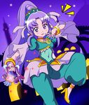  alternate_form anklet arabian_clothes bracelet brooch choker cure_fortune fortune_tambourine happinesscharge_precure! headdress high_heels highres hikawa_iona instrument jewelry long_hair magical_girl pants pine_arabian ponytail precure purple purple_background purple_eyes purple_hair ring smile solo standing standing_on_one_leg tambourine very_long_hair watosonshi wide_ponytail 