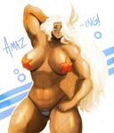  abs amazon_(dragon's_crown) arm_up armpits bad_id bad_tumblr_id bikini_bottom blush breasts circlet dark_skin dragon's_crown feathers gats_(nougats) hair_feathers hair_over_one_eye large_breasts long_hair muscle muscular_female navel pasties solo star_pasties sweat tattoo thick_thighs thighs white_hair 