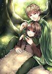  a_song_of_ice_and_fire arakunae bad_id bad_tumblr_id blonde_hair blue_eyes blush bob_cut bran_stark brown_hair cape fur fur_coat grass green_eyes hug hug_from_behind jojen_reed multiple_boys open_mouth sitting smile tree 