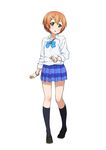  black_legwear blush bracelet dress_shirt full_body hair_ornament hairclip hoshizora_rin iyakun jewelry kneehighs loafers looking_at_viewer love_live! love_live!_school_idol_project open_mouth orange_hair ribbon shirt shoes short_hair skirt socks solo white_background yellow_eyes 