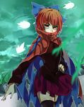  absurdres black_legwear blouse bow cape covered_mouth eyelashes grass hair_bow hand_on_hip hidden_mouth high_collar highres leaf long_sleeves looking_at_viewer red_eyes red_hair ripples rock sekibanki shirt short_hair skirt solo thighhighs touhou tsurime tunic water willow zettai_ryouiki 