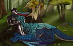  black_fur blue_fur blue_scales blush canine cuddling cute dog dragon feral forest fur husky inq kenvey mammal monster_hunter nargacuga tree tropicalpanda video_games white_fur wings wyvern 
