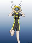  air_bubble barefoot blonde_hair breath bubble diving diving_mask diving_mask_on_eyes freediving holding_breath looking_at_viewer ocean open_mouth original saver_(artbysaver) short_hair smile solo swimming underwater water wetsuit 