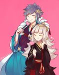  1boy 1girl absurdres blue_eyes blush collarbone commentary cotton_candy crown eating eyes_closed fire_emblem fire_emblem_heroes food food_in_face food_in_mouth gradient_hair grey_hair hair_ornament highres holding holding_food hrid_(fire_emblem_heroes) japanese_clothes kimono lazymimium long_hair looking_at_another multicolored_hair new_year nintendo pink_background short_hair silver_hair simple_background spiked_hair twitter_username veronica_(fire_emblem) white_hair yukata 