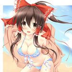  akairo_no_mako bikini bow breasts brown_eyes brown_hair hair_bow hair_tubes hakurei_reimu highres hood hoodie large_breasts long_hair navel solo swimsuit touhou undressing 