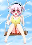  bad_feet blush headphones highres ion_(artist) looking_at_viewer nitroplus open_mouth pink_hair red_eyes short_hair smile solo super_sonico swing twintails younger 